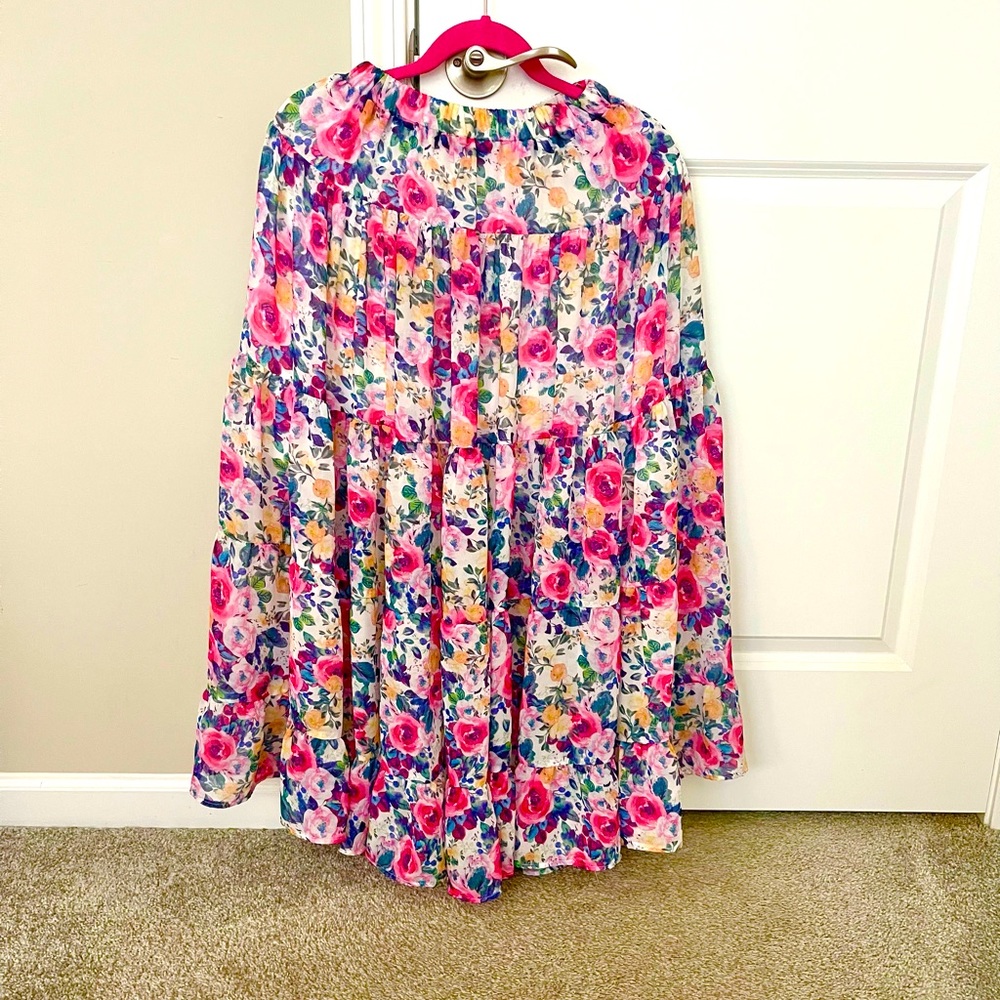 Chicwish Floral Blossom Watercolor Ruffle Maxi Skirt in Pink
